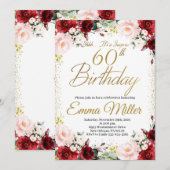 ワインレッドの花とゴールドのサプライズ 60歳の誕生日 招待状 (正面/裏面)