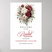 ワインレッドの花と緑のウェディングシャワー　ようこそ ポスター (正面)