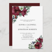 ワインレッドの花と緑のホリデーシーズンの冬の結婚式 招待状 (正面/裏面)