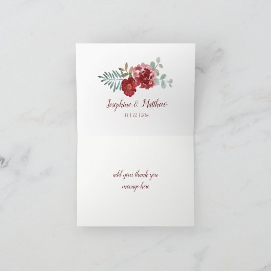 ワインレッドの花と葉のウェディング感謝カード サンキューカード (内部)