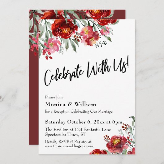 ワインレッドの花のイラストでお祝いしよう タイポグラフィ 招待状 (正面/裏面)