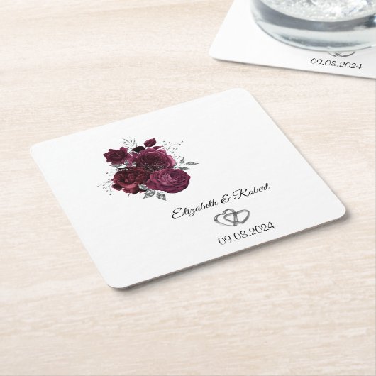ワインレッドの花のウェディング スクエアペーパーコースター (アングル)