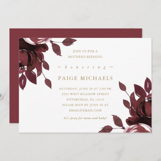 ワインレッドの花のキリスト教的母親の祝福 招待状 (正面/裏面)