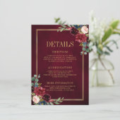 ワインレッドの花のゴールド ネイビーブルーの結婚式の詳細 エンクロージャーカード (スタンド正面)
