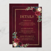 ワインレッドの花のゴールド ネイビーブルーの結婚式の詳細 エンクロージャーカード (正面/裏面)