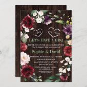 ワインレッドの花のストリングライトが飾られた納屋 私、BBQするわよ 招待状 (正面/裏面)