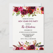 ワインレッドの花の新年の夜のパーティーの招待状 招待状 (正面)