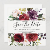 ワインレッドの花の水彩ウェディング セーブザデート (正面/裏面)