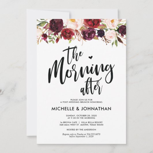 ワインレッドの花の結婚式後ブランチ招待状 招待状 (正面)