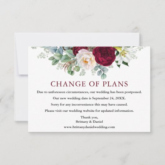 ワインレッドの花の結婚式 計画変更のお知らせカード (正面)