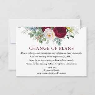 ワインレッドの花の結婚式 計画変更のお知らせカード