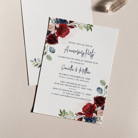 ワインレッドの花の結婚記念日パーティー 招待状
