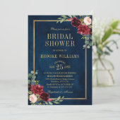 ワインレッドの花の金色のネイビーブルーの結婚式前パーティー 招待状 (スタンド正面)