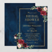 ワインレッドの花の金色のネイビーブルーの結婚式前パーティー 招待状 (正面/裏面)