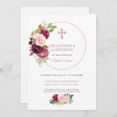 ワインレッドの花の1歳誕生日と洗礼延期のお知らせ 招待状 (正面/裏面)