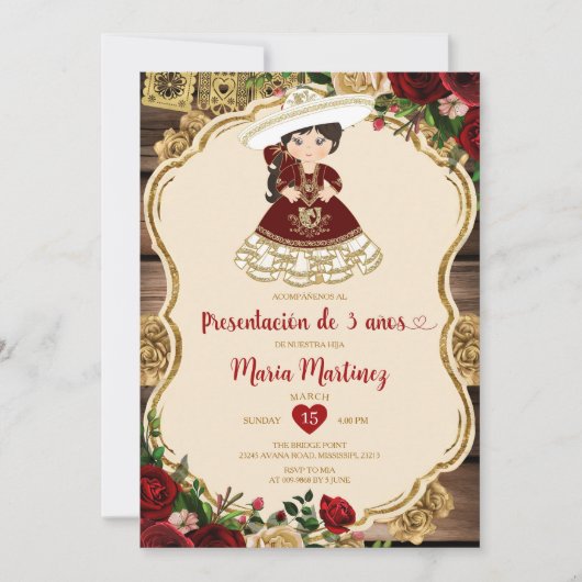 ワインレッドの花の3歳誕生日プレゼント 招待状 (正面)