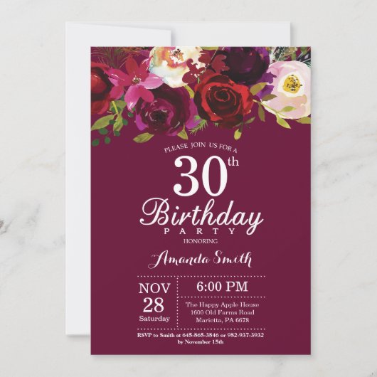 ワインレッドの花の30歳の誕生日パーティー招待状 招待状 (正面)