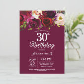 ワインレッドの花の30歳の誕生日パーティー招待状 招待状 (スタンド正面)