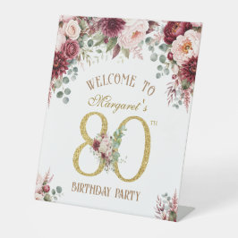 ワインレッドの花の80歳の誕生日パーティーのペデスタルサイン 台座サイン
