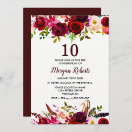 ワインレッドの花をあしらったエレガントな10歳の誕生日パーティーの招待状 招待状