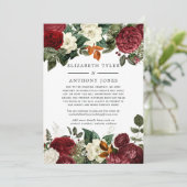 ワインレッドの花をあしらった結婚式のゲストリスト縮小のお知らせ（バレンタイン・ブーゲンディ・スタイル 案内状 (スタンド正面)
