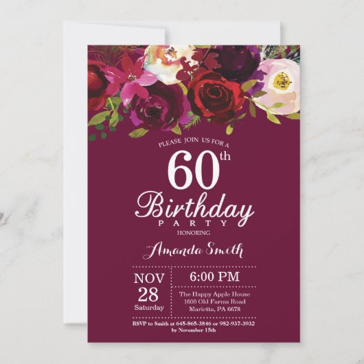 ワインレッドの花をあしらった60歳の誕生日パーティー招待状 招待状 (正面)