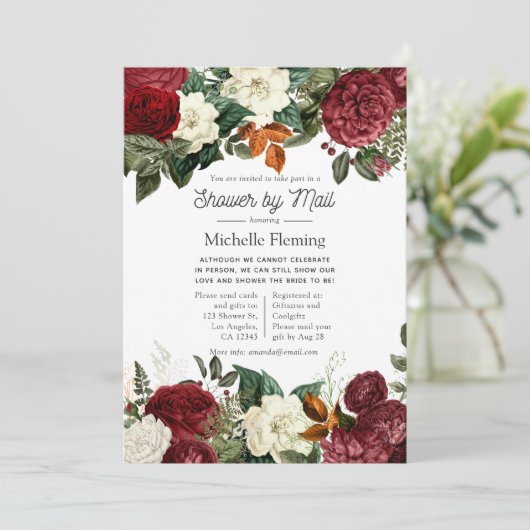 ワインレッドの花を添えたバーズガーデン ブライダルシャワー(郵送) 招待状 (スタンド正面)