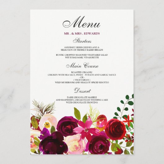 ワインレッドの花を飾ったエレガントなウェディング メニュー (正面)