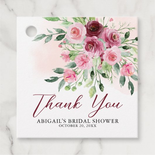 ワインレッドの花を飾ったエレガントなブライダルシャワーデザイン フェイバータグ (正面)