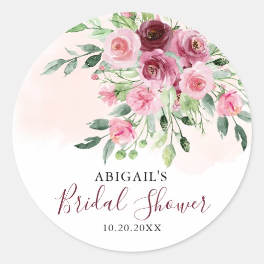 ワインレッドの花を飾ったエレガントなブライダルシャワーデザイン ラウンドシール (正面)