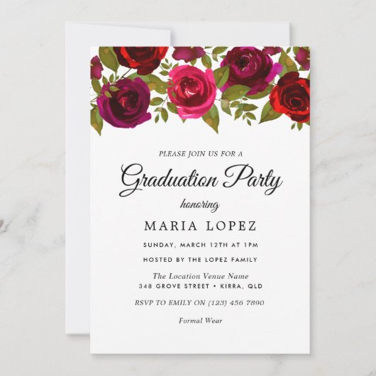 ワインレッドの花を飾ったエレガントな卒業パーティー 招待状 (正面)