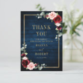 ワインレッドの花を飾ったネイビーブルーのクラシックな結婚式 サンキューカード (スタンド正面)