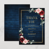 ワインレッドの花を飾ったネイビーブルーのクラシックな結婚式 サンキューカード (正面/裏面)