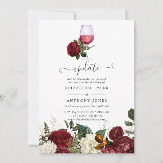 ワインレッドの花を飾ったバレンタイン・ブルゴーニュ・スタイル結婚式延期のお知らせ 招待状 (正面)