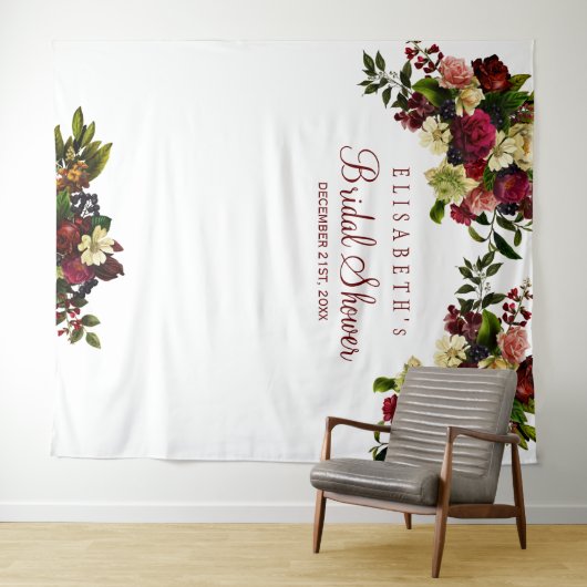 ワインレッドの花を飾ったブライダルシャワーの写真撮影用背景 タペストリー (インサイチュ(横))