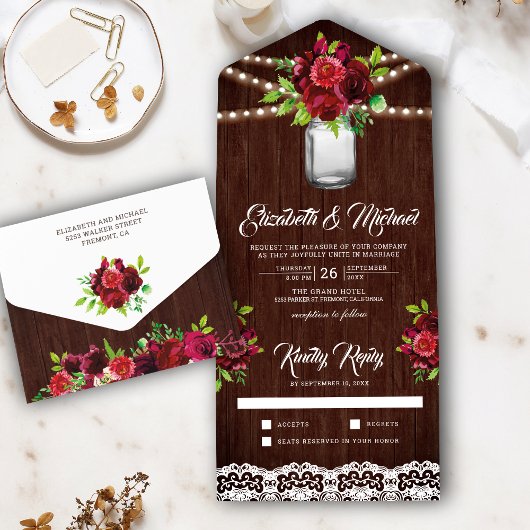 ワインレッドの花を飾ったマスンジャー ウッドウェディング オールインワン招待状