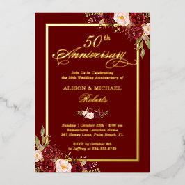 ワインレッドの花モチーフが施された50周年記念のゴールドフレーム 箔招待状