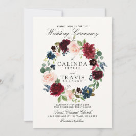 ワインレッドの花束リース | 赤い背景の結婚式 招待状