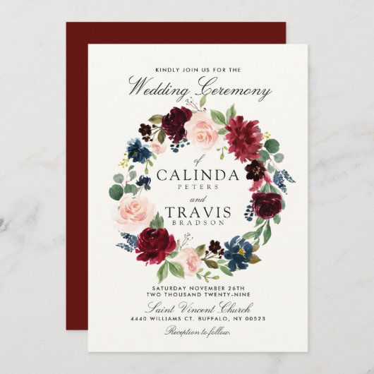 ワインレッドの花束リース | 赤い背景の結婚式 招待状 (正面/裏面)