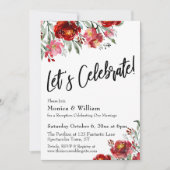 ワインレッドの花柄でLet's Celebrate タイポグラフィ 招待状 (正面)