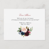 ワインレッドの花柄のウェディングパーティーへの参加をお願いするカード インビテーションポストカード (裏面)