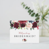 ワインレッドの花柄のウェディングパーティーへの参加をお願いするカード インビテーションポストカード (スタンド正面)