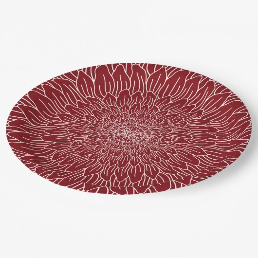 ワインレッドの花柄のボタニカル柄のリピートパターン ペーパープレート (アングル)