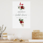 ワインレッドの花柄ワイン試飲 ブライダルシャワーウェルカム ポスター (キッチン)