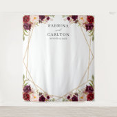 ワインレッドの花柄幾何学模様の結婚式用背景 タペストリー (正面)