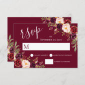 ワインレッドの花柄手書き結婚式出欠確認カード 招待状 (正面/裏面)