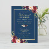 ワインレッドの花柄 ネイビーブルーの結婚式リハーサルディナー 招待状 (スタンド正面)