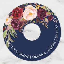 ワインレッドの花柄 ネイビーブルーの結婚式 ワイングラスタグ