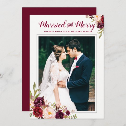 ワインレッドの花柄 結婚記念 メリクリ写真 招待状 (正面/裏面)