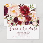 ワインレッドの花柄 Save the Date カード (正面/裏面)